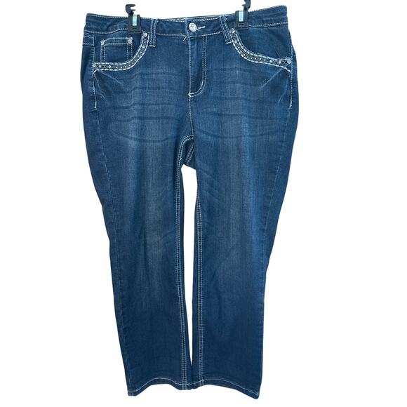 Earl Jean Denim - Earl Mid-Rise Straight Leg Gem Embellished Jeans Size 10 in Blue